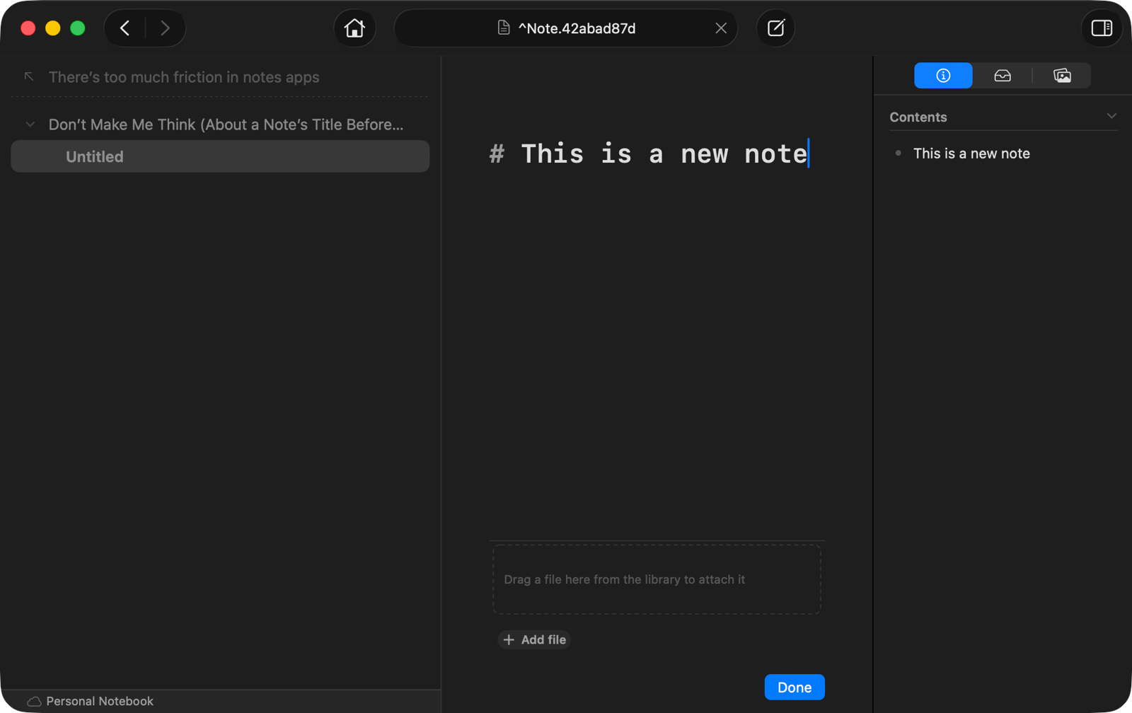 Creating a new, unsaved note in Understory temporarily calls it “Untitled” until you save
